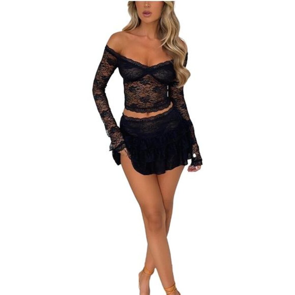 Y2K Lace Mesh Tube Top Mini Skirt Set Women's Sexy Sheer Bodycon Outfit